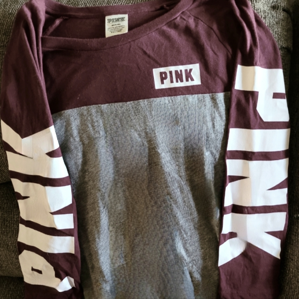 Victoria's Secret Pink. Small. Long Sleeve T-Shirt. Maroon/ White/ Grey.